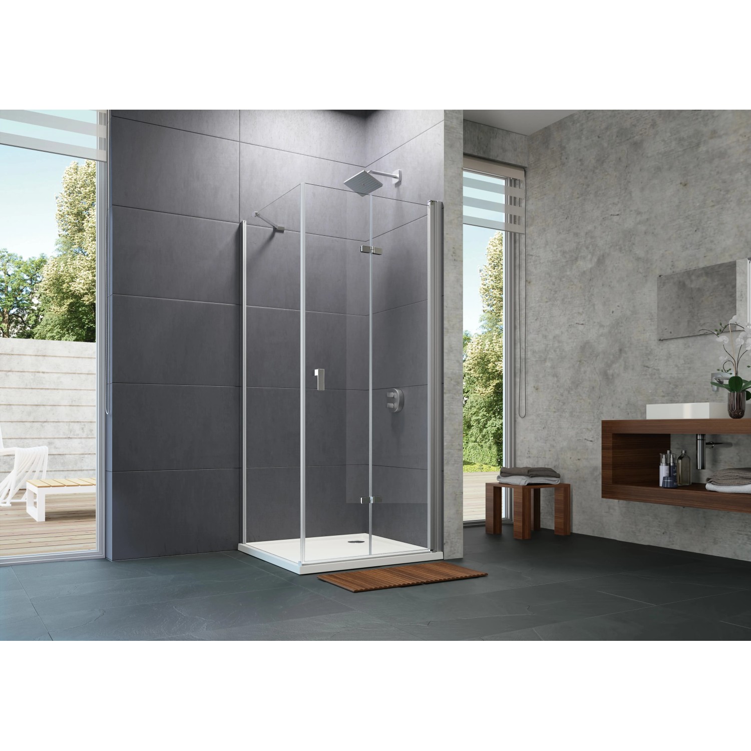 Hüppe 4-Eck-Schwingfalttür Design Pure, 70x190 cm, Silber Matt, teilgerahmte Duschtür.