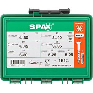 Spax Schrauben-Set, 161-teilig mit Schrauben in 4 Größen und Dübeln im grünen Sortimentskasten.