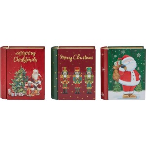Drei OBI Weihnachtsdeko Boxen im Buchdesign: Rot mit Weihnachtsmann & Baum, Rot mit Nussknackern, Grün mit Weihnachtsmann & Geschenken.