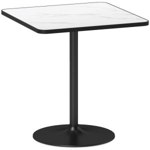 Quadratischer Esstisch mit weißer Marmor-Optik Platte und schwarzem Metallfuß. Modernes Design für Küche oder Esszimmer.