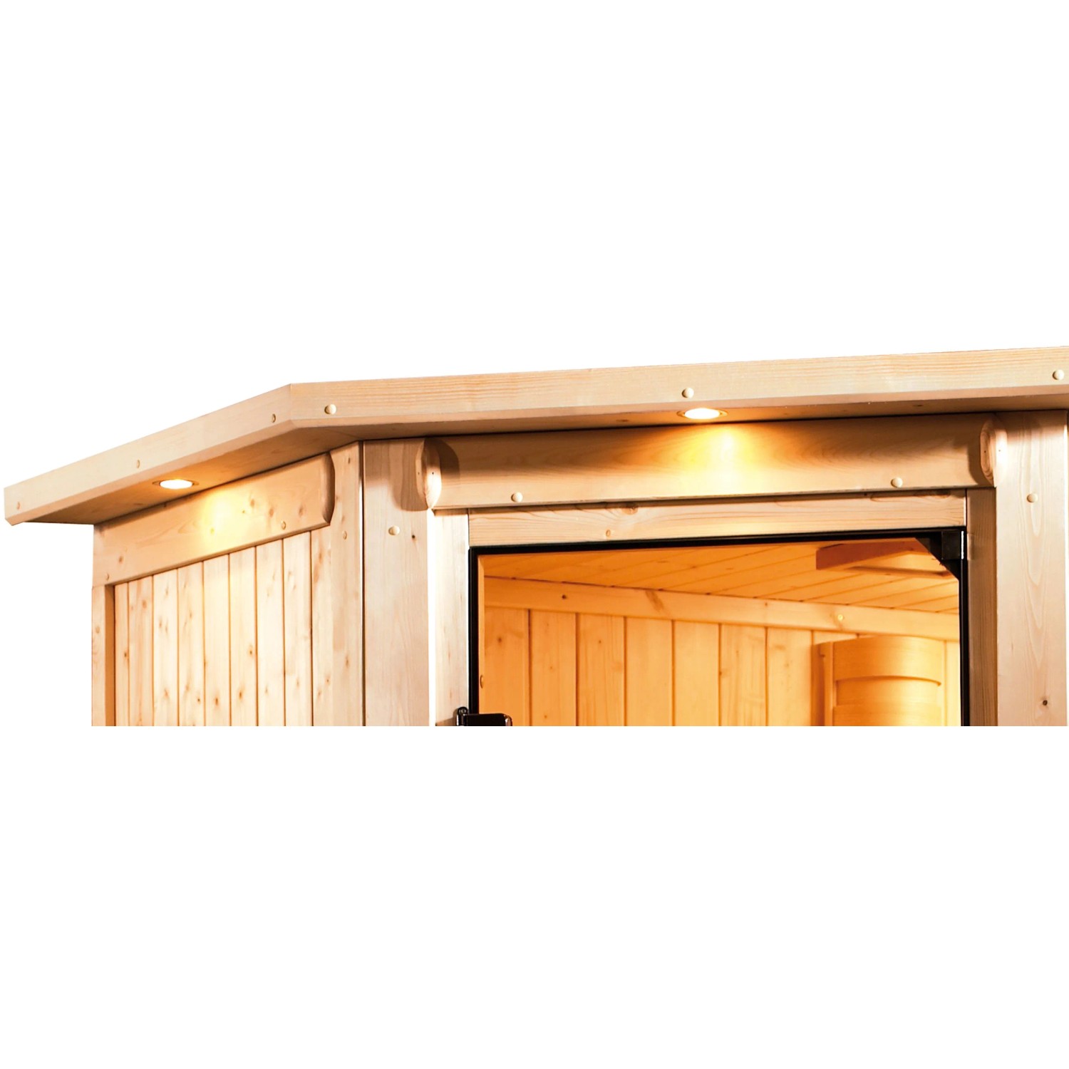 Detailansicht der Karibu Sauna Rikka mit LED-Dachkranz und Ofen, Naturholz.