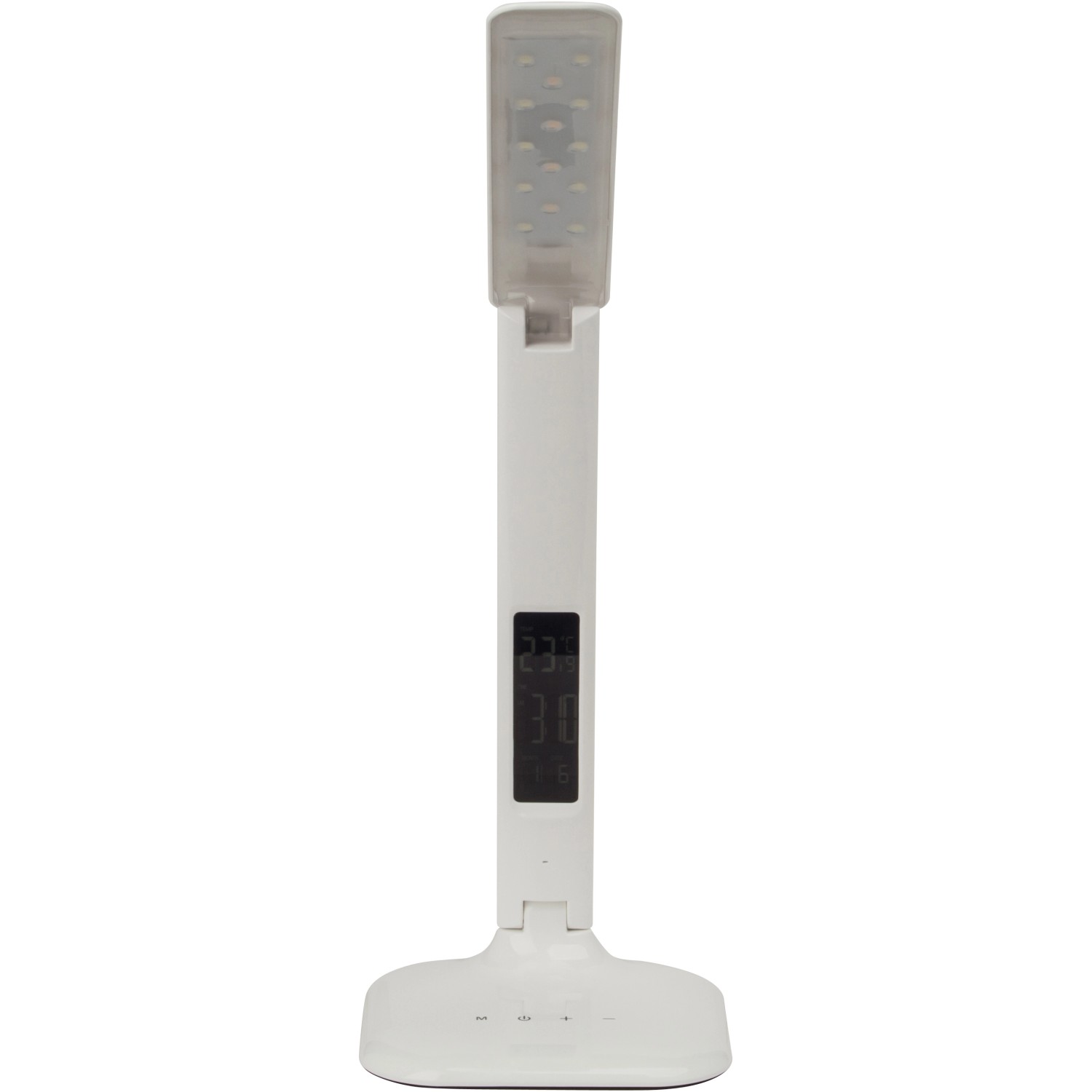 Weiße LED-Tischlampe Glenn mit Touchdimmer und Display für Uhrzeit, Kalender und Temperatur.