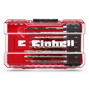 Einhell 16-tlg. Bohrer-Set für Holz, Stein, Metall in transparenter roter Aufbewahrungsbox.