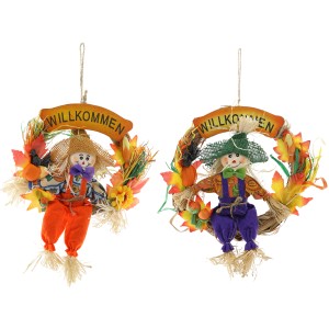 Bunter Herbst Dekokranz (Ø 34cm) mit Strohpuppen und Willkommensschild als herbstliche Deko.