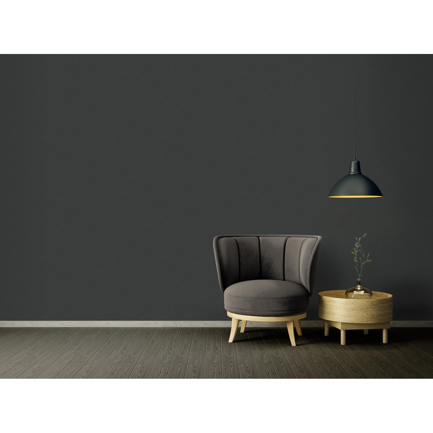 Wohnraum mit schwarzer Vliestapete Trendwall 2 Uni, Sessel und Tisch.