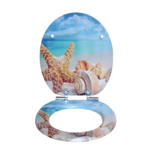 Sinobath WC-Sitz mit Absenkautomatik, Muscheln & Seestern auf Strandmotiv. Ovaler Toilettensitz für Badezimmer.
