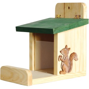 Dobar Eichhörnchen-Futterstation aus Holz mit grünem Dach und Eichhörnchen-Motiv.