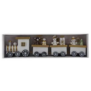 Weihnachtszug aus Holz, 19 cm, weiß und gold, mit Figuren und Glitter, festliche Weihnachtsdekoration.