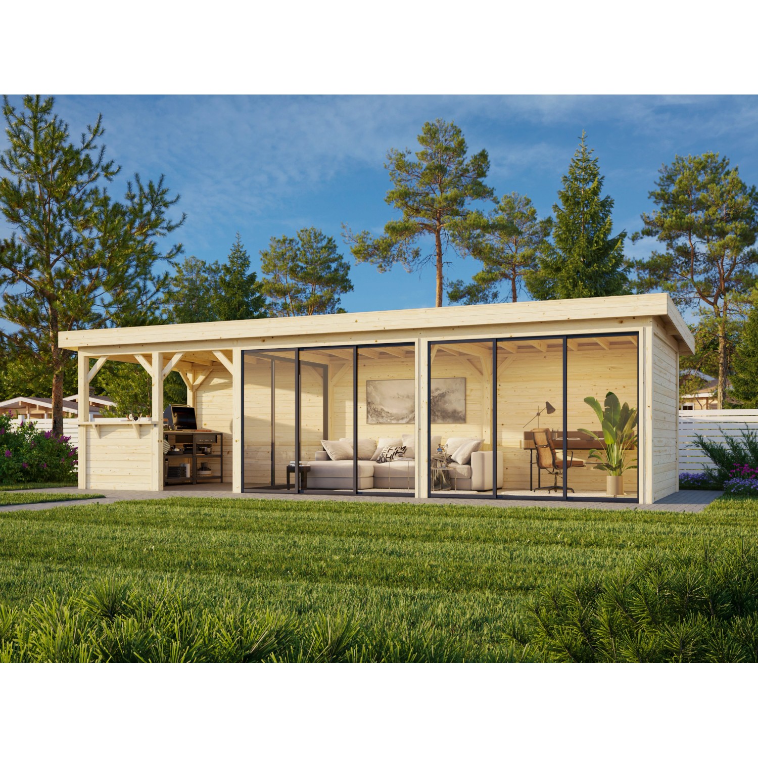 Palmako Pavillon Lenna Set 419, 876x300 cm, weiß lackiert, mit Schiebetüren und Tresenanlage.