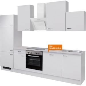 Weiße Flex-Well Küchenzeile Wito 280 cm mit E-Geräten und Spüle.