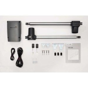 Schellenberg Drehtorantrieb Twin 300 Set mit zwei Funk-Handsendern und Zubehör.