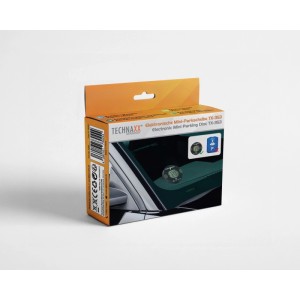 Technaxx Elektronische Mini-Parkscheibe TX-353 in orange-weißer Verpackung. Zeigt die KBA-zugelassene Parkscheibe am Auto.