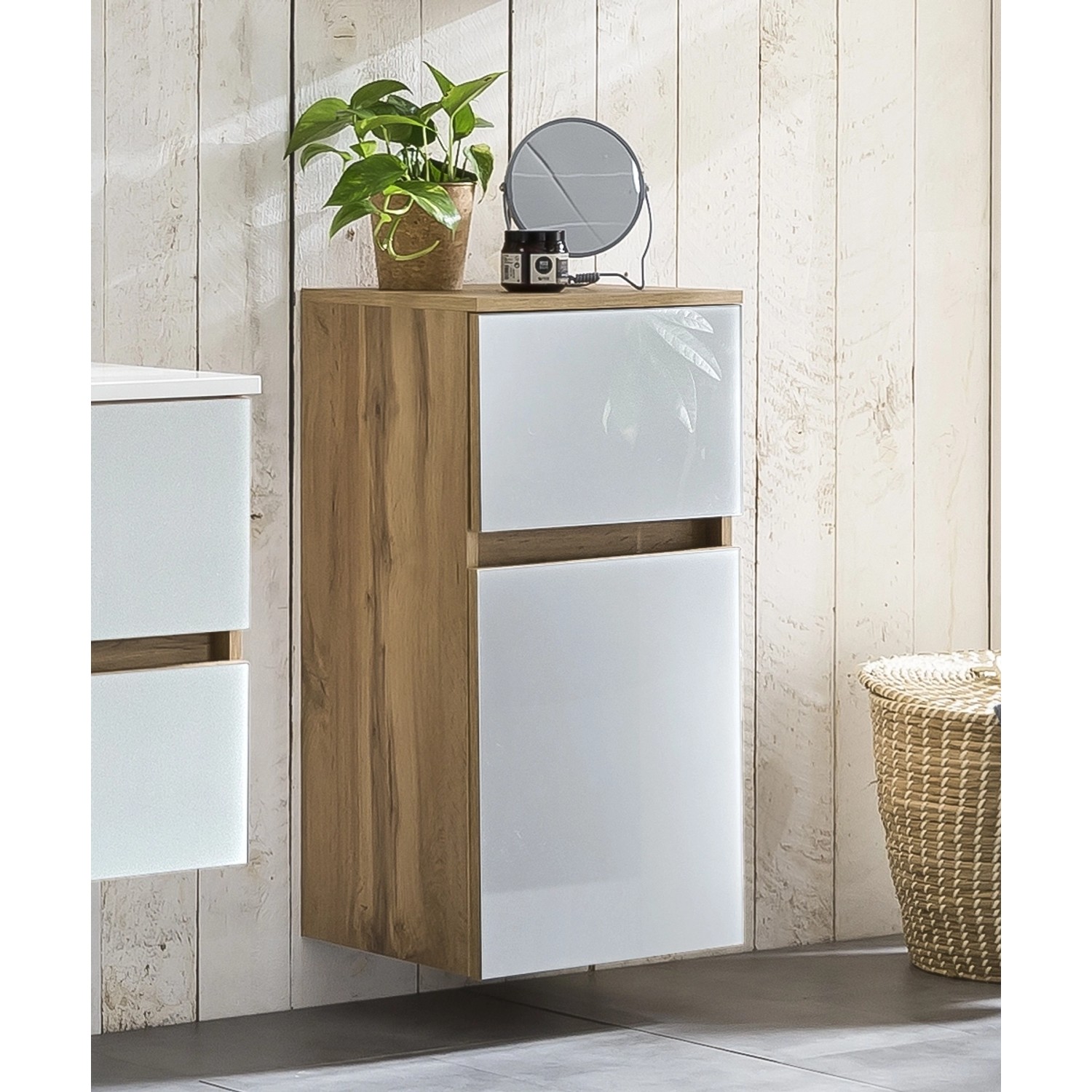 Held Möbel Unterschrank Pisa, 40 cm, Weiß-Wotaneiche, Teil eines Badmöbel-Sets.