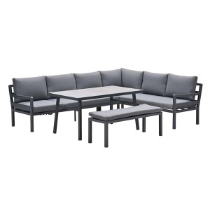 4-teiliges Lounge-Dining Set Corsica Carbon Black mit Eckbank, Tisch und Bank für den Garten.