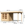 Karibu Express Gartenhaus Speedy A aus naturbelassenem Holz mit Anbaudach. Maße des Holz-Gartenhauses mit Doppeltür.