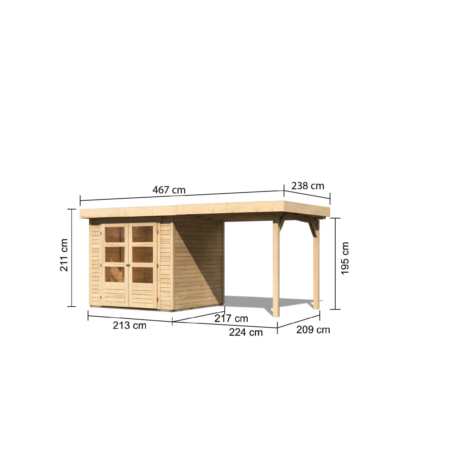 Karibu Express Gartenhaus Speedy A aus naturbelassenem Holz mit Anbaudach. Maße des Holz-Gartenhauses mit Doppeltür.