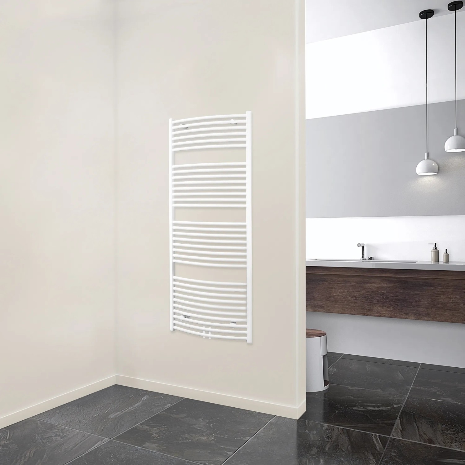 Weißer Schulte Design-Heizkörper Europa mit Mittelanschluss im Badezimmer.