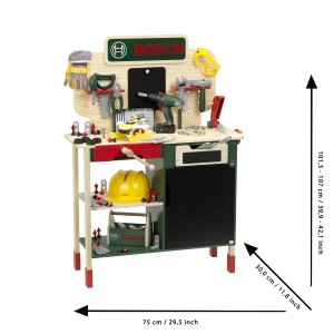 Bosch Kinder-Werkbank aus Holz mit Werkzeug, Schrauben, Helm und Akkuschrauber.