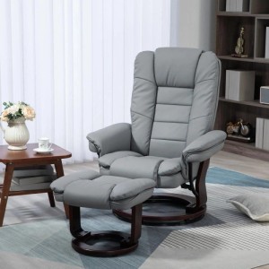 HOMCOM Relaxsessel mit Hocker Kunstleder Grau 85L x 82B x 106H cm