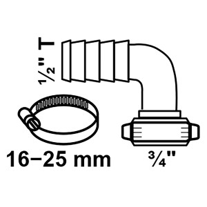 Kirchhoff Winkel-Schlauchverbinder 3/4M x 1/2, Messing blank, mit Schlauchklemme (16-25mm)