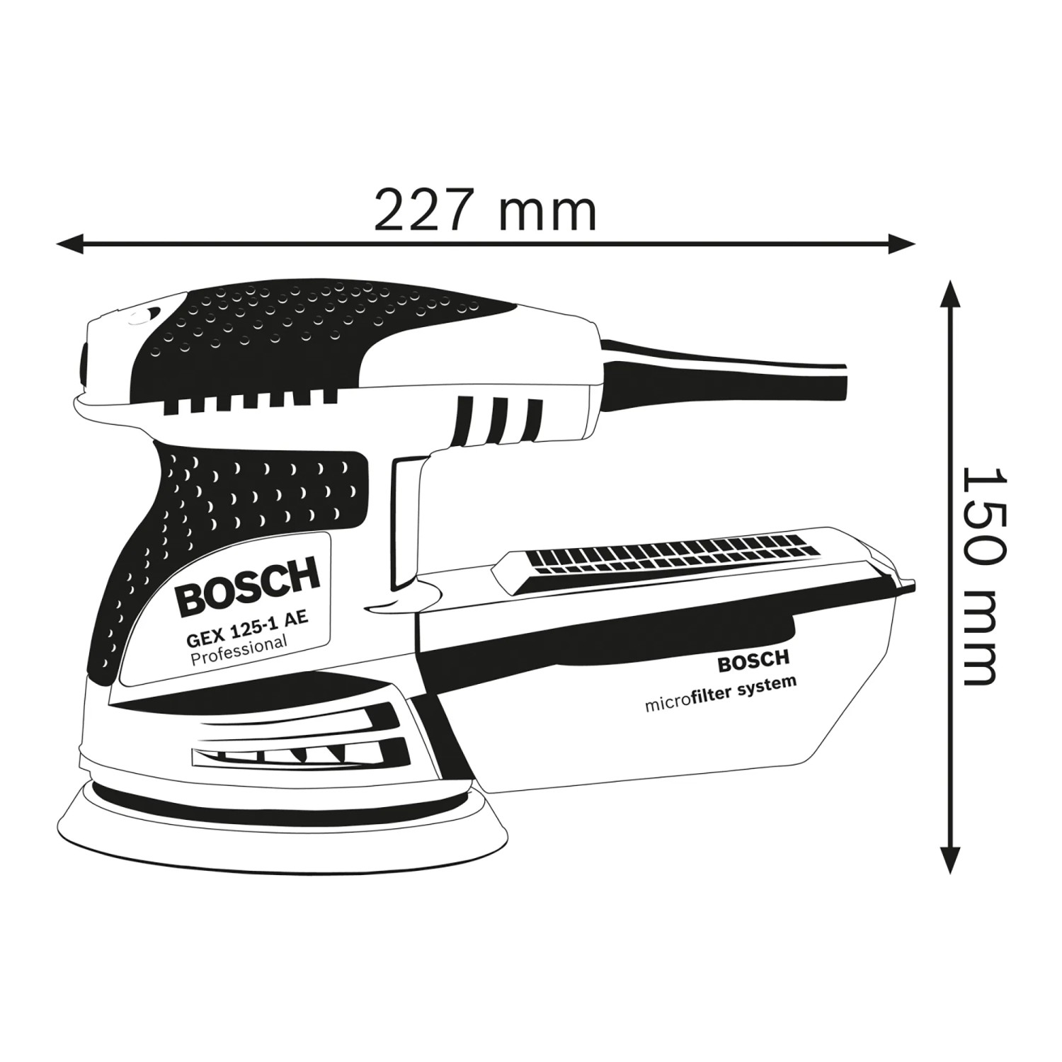 Skizze des Bosch Professional GEX 125-1 AE Exzenterschleifers mit Maßangaben.