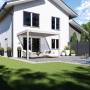 Moderne Weide Deluxe Wand Pergola, sandfarbenes Alu-Lamellendach, schattige Terrasse am Haus mit Möbeln. Sonnenschutz.