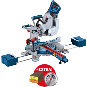 Bosch Professional GCM 305-254 D Kapp- und Gehrungssäge mit 2 Sägeblättern und Schleifblöcken.