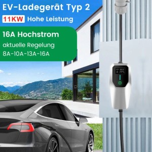 Junsun 11kW Typ 2 EV-Ladegerät lädt E-Auto vor modernem Haus. 3-phasig, 6m Kabel, LCD-Display, 6-16A.
