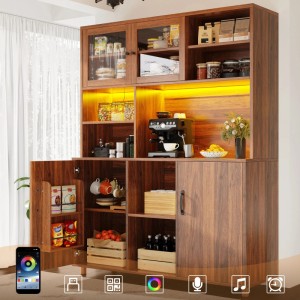okwish Hochschrank mit LED-Beleuchtung Snackablage Küche 140 x 40 x 185 cm Braun