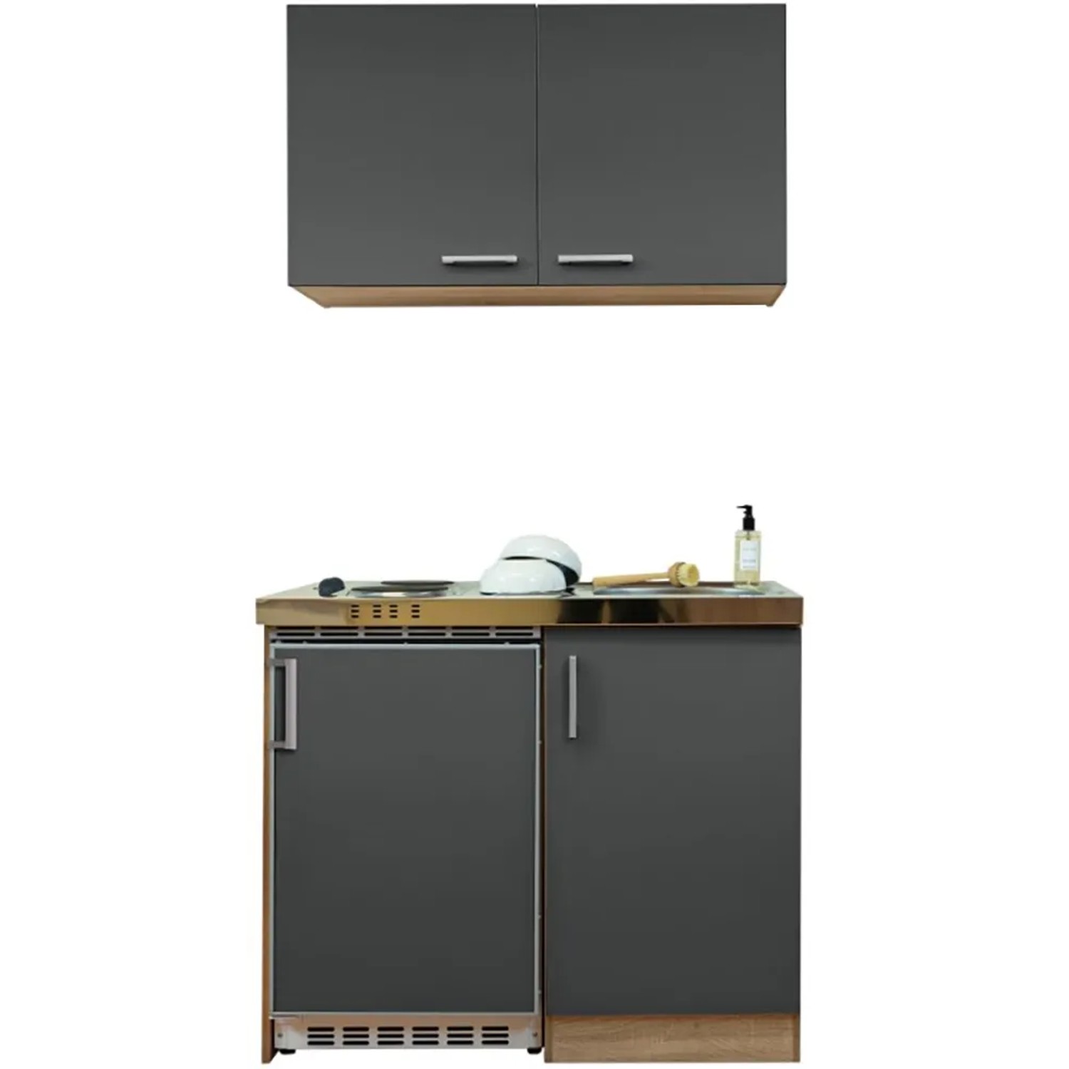 Respekta Miniküche MK100ESGOS, 100 cm, Grau-Eiche Dekor mit Kühlschrank und 2-Platten Kochfeld.