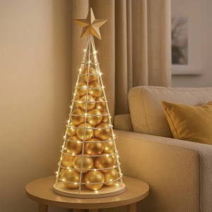 Weißer Deko-Baum aus Metall, 90 cm hoch, mit goldenen Kugeln und Lichtern als Weihnachtsdekoration.