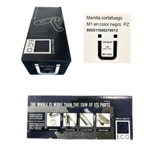 Schwarze Verpackung der Puertas Padilla Feuerschutz-Drückergarnitur Kurzschild. Für Brandschutztüren, fest/drehbar, mit ECO-Logo.