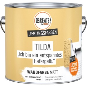 CREATE! by OBI Wandfarbe Lieblingsfarbe Tilda Hafergelb, matte Innenfarbe im Farbeimer.