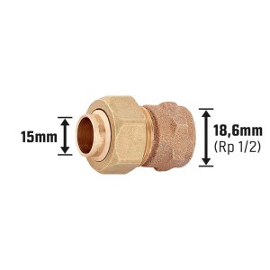 Löt-Verschraubung aus Rotguss, 15 mm x 18,6 mm (Rp 1/2), für Kupferrohre, zweiteilig und lösbar.