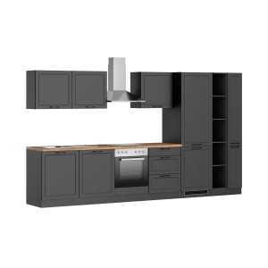 Moderne graue Küchenzeile Kempten 360 cm mit E-Geräten und Holz-Arbeitsplatte.
