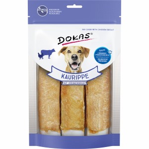 Dokas Kaurippe Huhn, 210g, getrocknete Hunde-Natursnacks im wiederverschließbaren Beutel.