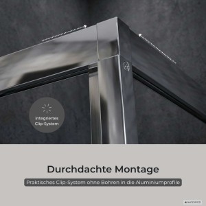 Detail der Schulte Sunny Nischendusche: Chromprofile mit integriertem Clip-System für bohrfreie Montage der Duschtür.