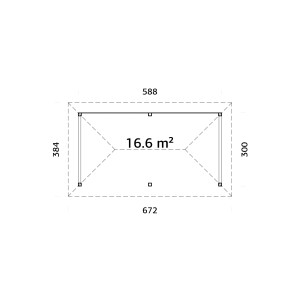 Grundriss Palmako Pavillon Bianca Set 108, 588x300 cm, weiß lackiert, mit Maßangaben.