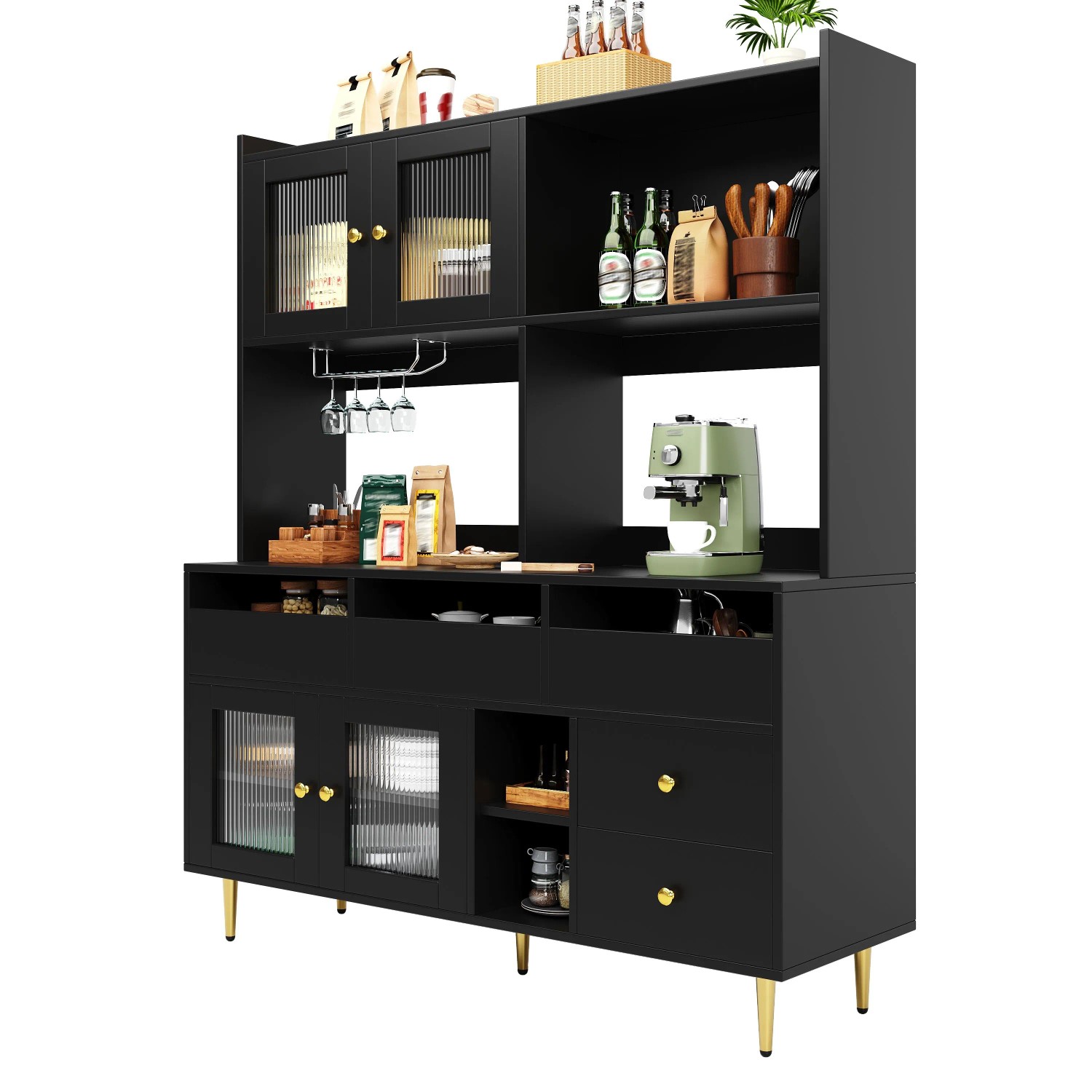 okwish Hochschrank mit Glastür Weinglasregal Restaurant 145x39x171cm Schwarz_9