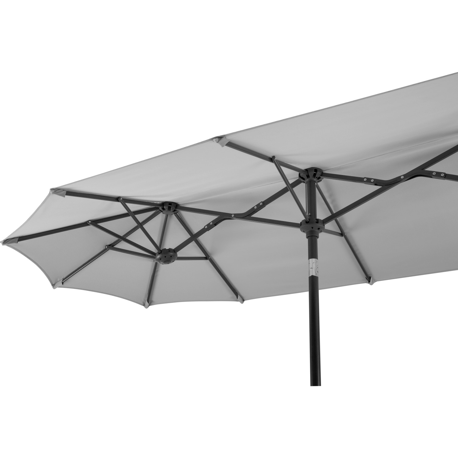 Detailaufnahme des silbergrauen Schneider Marktschirms mit Knickfunktion, Blick von unten.