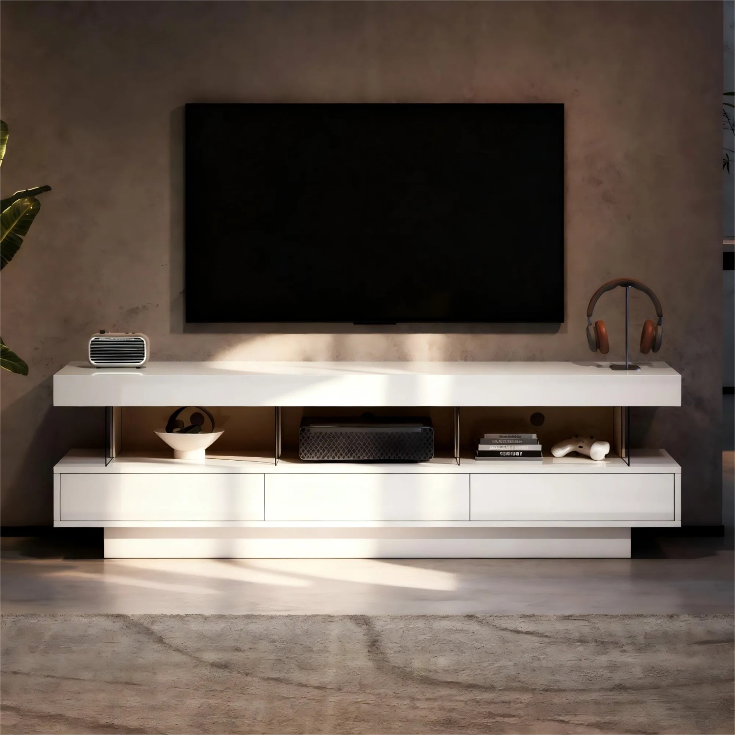 okwish TV Schrank LED Hochglanz Glas App Steuerung Wohnzimmer 70 Zoll 160x38x50cm Weiß_4