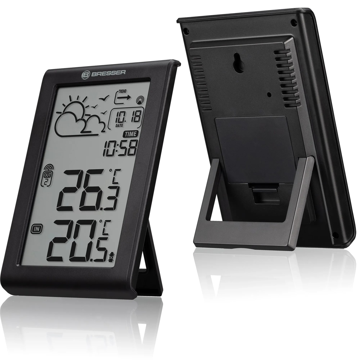 Bresser Meteo Temp W Wetterstation mit Funksignal, Temperaturanzeige und Wettervorhersage in Schwarz.