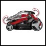 Zusammengeklappter Einhell Akku-Rasenmäher GE-CM 36/43 Li-M in Rot/Schwarz. Platzsparende Lagerung.