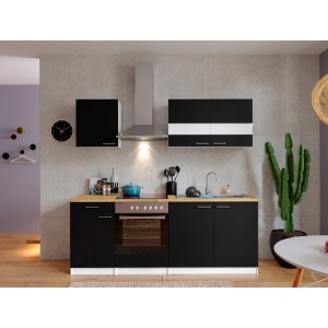 Respekta Küchenzeile KB210WSC, 210 cm, Schwarz-Weiß mit E-Geräten und Spüle.