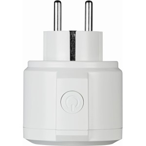 Weiße, runde Zeitschaltuhr zur Hausfunksteuerung mit LED-Anzeige und Stecker.