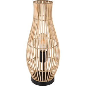 Globo Tischlampe Laglio: Naturfarbene Design-Tischleuchte aus Bambus und Hanf mit schwarzem Metallsockel.