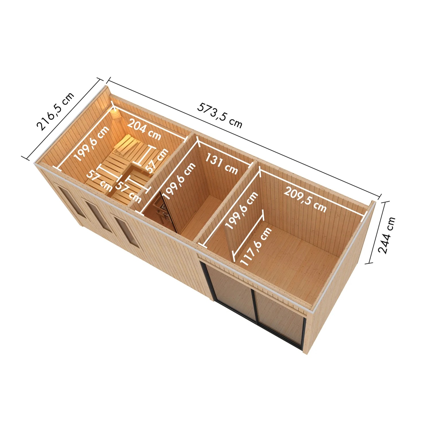 Grundriss Karibu Saunahaus Huelva mit Vorraum, Séparée und Maßen.