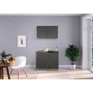 Respekta Miniküche MK100ESGOS, 100 cm, Grau-Eiche Dekor mit Kühlschrank und 2-Platten Kochmulde.