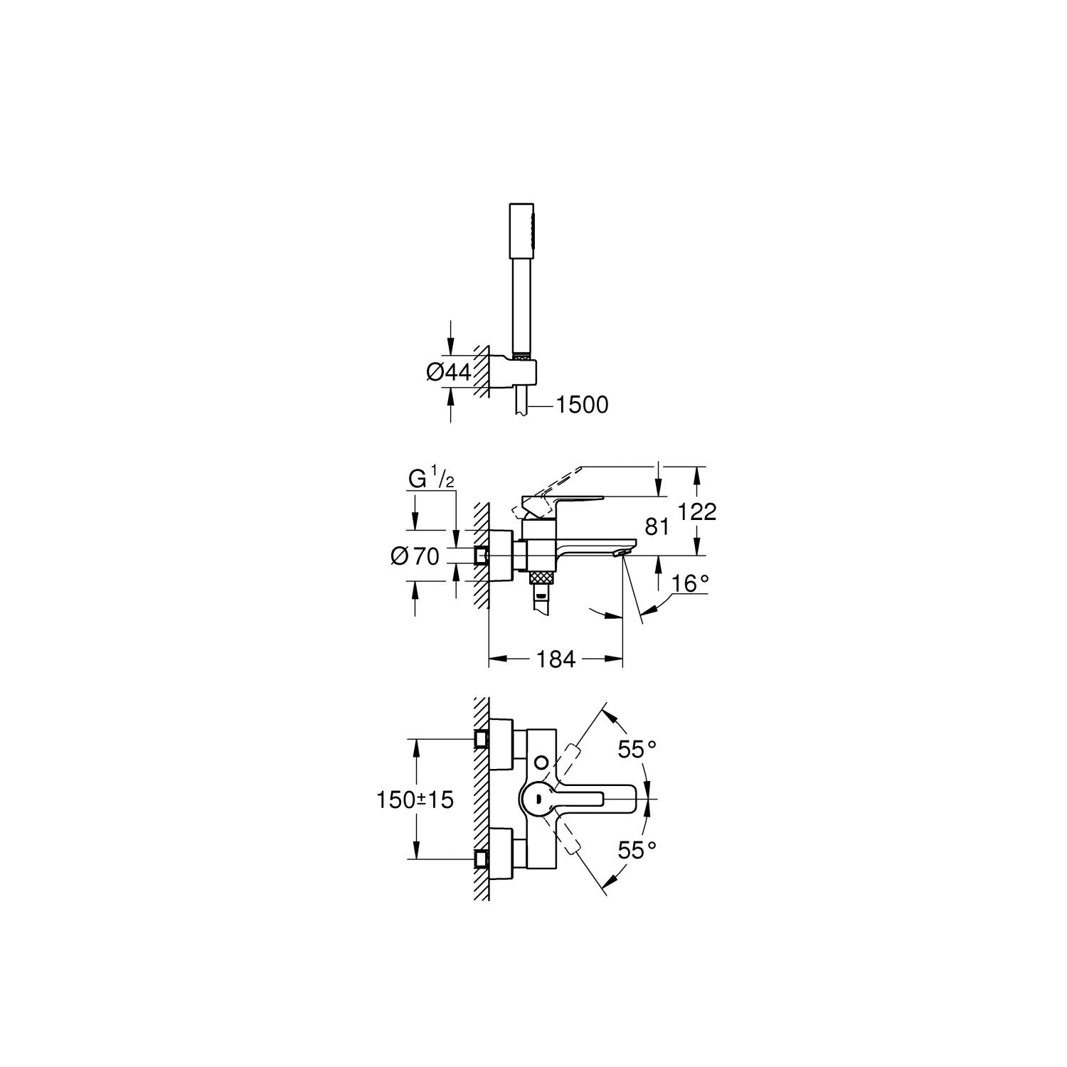 Technische Zeichnung der Grohe Lineare Einhand-Wannenkombination in Chrom mit Maßangaben.