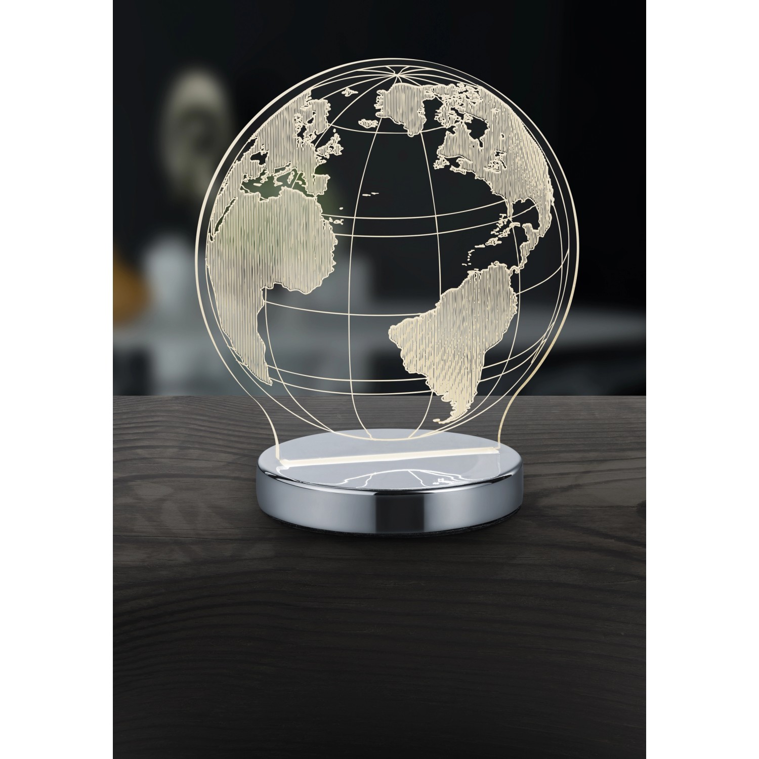 Chromfarbene LED-Tischleuchte Globe mit Weltkugel-Design, Lichtfarbe einstellbar.